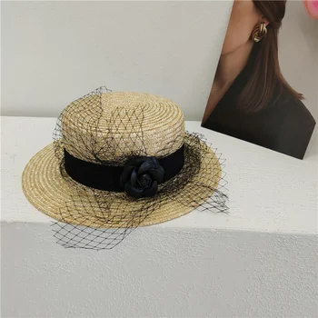 202208-shi Dropshipping дизайнерски лятна окото шапка с черни цветя, ръчно изработени от слама, женски филц шапки, дамски панама за почивка, джаз шапка