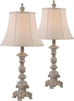 Elize Традиционен Френски Кънтри стил, Реколта белите настолни лампи във формата на свещник височина 26,5 инча, комплект от 2-те абажуров за хола.