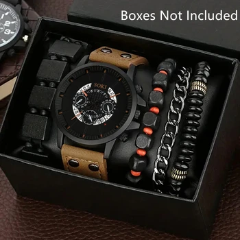 Бизнес мъжки кожени кварцов часовник от 1 бр. гривна от 4 бр., подарък за мъже