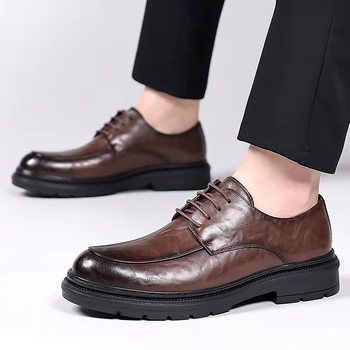 Висококачествени дамски ежедневни обувки от естествена кожа, новост 2023 г., модерен бизнес обувки с дантела-за мъже, дишащи обувки за ходене