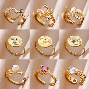 Дамски пръстени от неръждаема стомана, с розово цирконием, Позлатените Естетически Пръстен за двойки, Сватбени бижута, Аксесоари, Дамски подарък