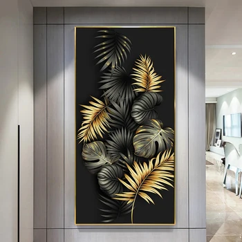Диамантена бродерия Листа Златисто-черни Абстрактна 5D Диамантена живопис от планински кристал, мозайка за кръстат бод, Декора на стените