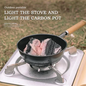 Куха въглища печка за барбекю, Мини-Чугунени скари за изгаряне на въглища Преносима въглища печка за разпалване на огъня с Дървена дръжка за къмпинг туризъм