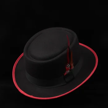 Мъжки Дамски плосък фетровая шапка, шапка за пай със свинско месо, църковна шапка с червено перо, джаз шапка, Размер 58 см