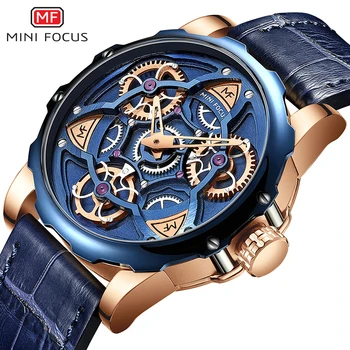 Мъжки часовник MINI FOCUS Главата марка Луксозен Дизайн в спортен стил, Кварцов часовник за мъже Синя кожена каишка Водоустойчив 30 м Relogio Masculino
