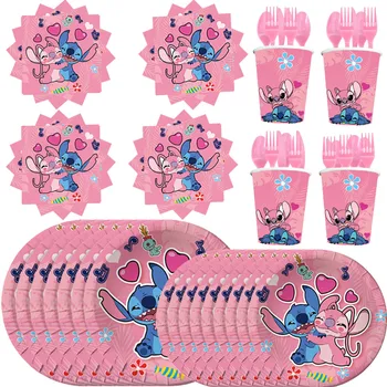 Розови Украса За Партита Lilo & Stitch за Еднократна употреба Биоразлагаемая съдове за Хартиена Чаша Чиния, покривки за маси, Вилица, Лъжица, Нож За Принадлежности