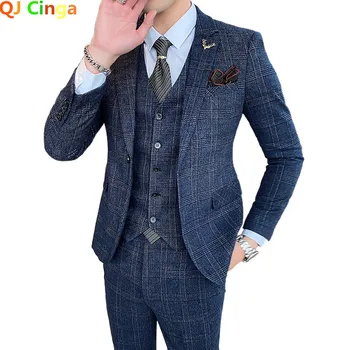 (Яке + жилетка + панталони) Модерен Мъжки Карирани Всекидневни бизнес костюм от висок клас, бизнес костюм за парти, 3 предмет в комплект, на сватбата на Младоженеца, 5XL