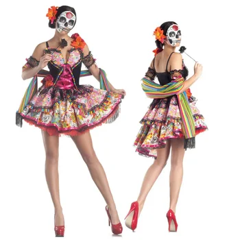 Cosplay на Хелоуин за възрастни жени, секси костюм на булката с цветна фея под формата на черепа, кралят костюм за парти на Пурим