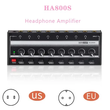 HA800S Ультракомпактный аудиоусилитель, 8-канален мини-стереоусилитель за слушалки с адаптер на захранване EU US Plug Adapter