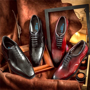 Phenkang/ Мъжки обувки от естествена кожа, мъжки бизнес облекло, луксозни маркови сватбени обувки с шнурками цвят бордо от Юнеца 2020 г.
