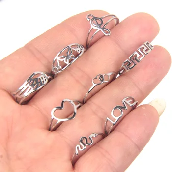 XHN 10ШТ Женски пръстен от неръждаема стомана геометрични пръстени на палеца на Сърцето Цвете Лист Змия пънк декорации с животни Подаръци за рожден ден