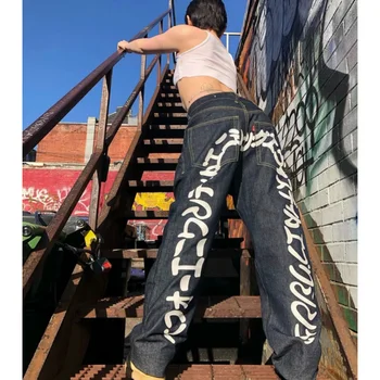 Y2k Jeans Дамски градинска облекло в стил хип-хоп, широки дънки с графичен принтом, черни панталони, с нови модни широки панталони в стил харадзюку с висока талия