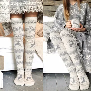Дамски памучни чорапи над коляното с коледен елен, зимни възли чорапогащи над коляното, Коледни възли вълнени чорапи