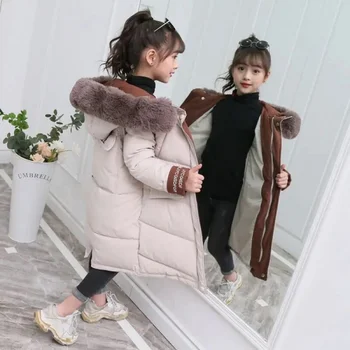 Зимна naka памучен модни детски дрехи за момичета, дълги палта с кожа яка и качулка, детски дрехи, топла дебела парк, дрехи