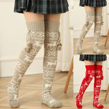 Коледни чорапи, Дамски възли дълги чорапи за дамите, зимни Топли възли чорапи, вълнени топка, чорапогащи над коляното