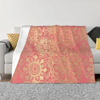 Коралово-розово и златно покривало за легло с шарките на мандали, одеяла за бебета, одеало за диван