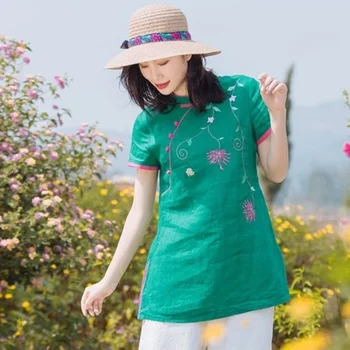 Облекло в Традиционен Китайски Стил Големи Размери За Жените, Летни Дрехи 2020, Топ Чонсам С Бродерия Hanfu, Реколта Блуза 11802