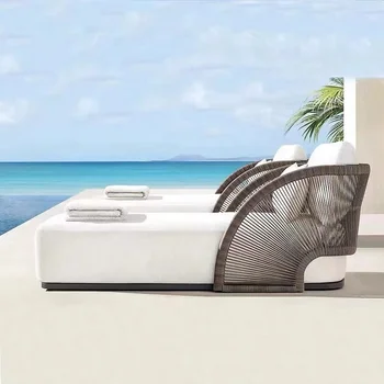 Открит градински диван за сядане от ратан, водоустойчив шезлонг, плажна едно легло, басейн, ракита диван за двор на открито