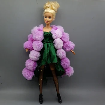 Подходяща за кукли Барби дължина от 30 см, лилава козина + зелена рокля + черни чорапи + обувки на висок ток, аксесоари за кукли, подарък за рожден ден за момичета