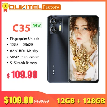 Смартфон OUKITEL C35 24 GB (12 + 12) 256 GB 50-Мегапикселова Камера 6,56-инчов Екран Мобилен телефон с 4G Android 13 Отключване на мобилния телефон за четец на пръстови отпечатъци