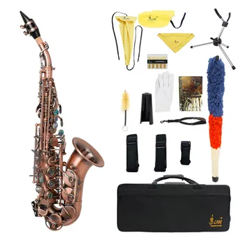 Червен антикварен сопран-саксофон Bb Key, дървен духов инструмент с футляром, поставка за саксофон, ръкавици, Кърпа за почистване, Четка за колан за саксофон